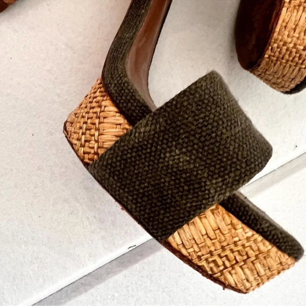 Tory Burch Amina Olive Woven Platform Heels Raffia‎ Ankle Strap 7.5
